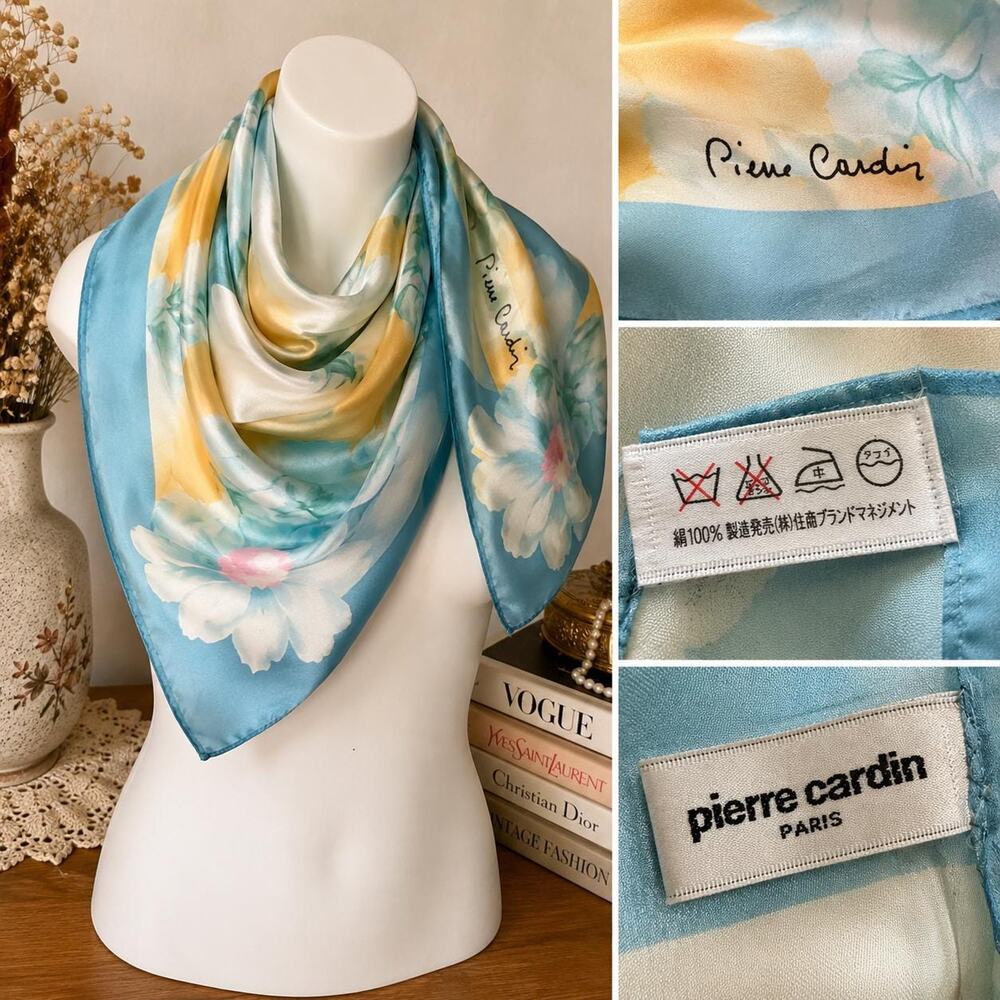 Vintage Pierre Cardin Paris Silk Scarf 34” Watercolor Floral Blue Yellow 1980s - Picture 2 of 10